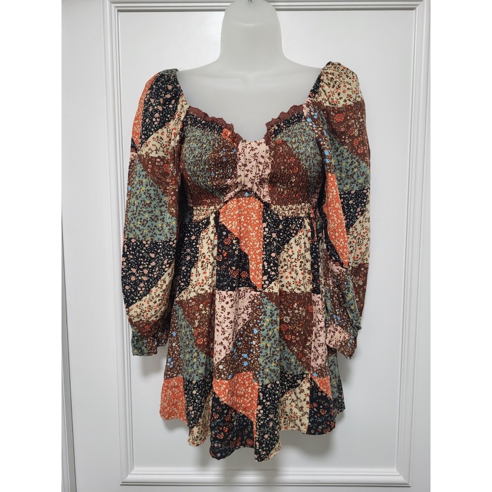 Brown Floral Patchwork Boho Hippie Babydoll Puff Sleeve Tunic Top M